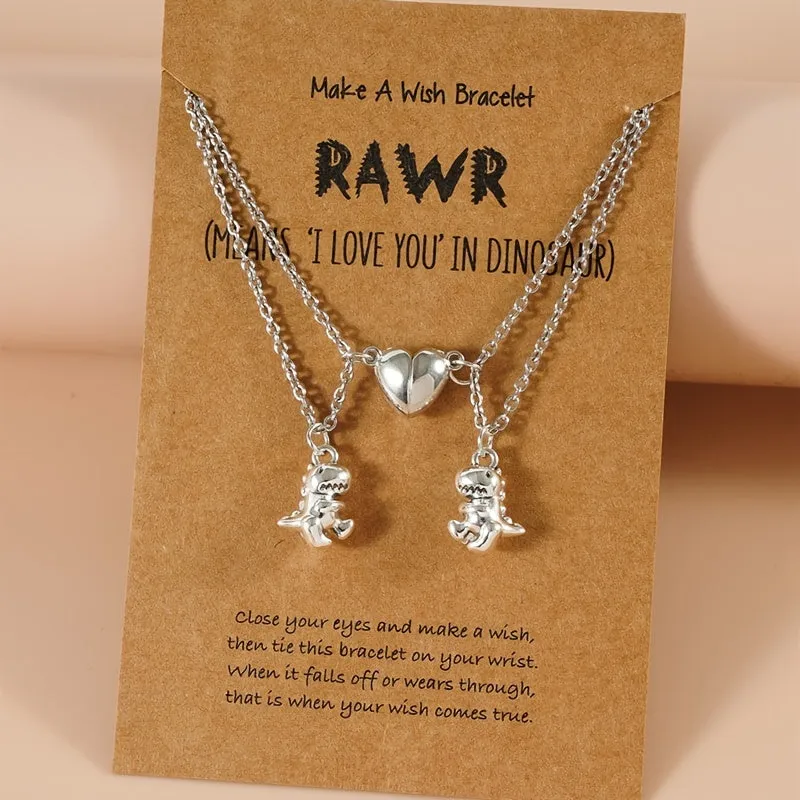 Couple Magnet Heart Dinosaur Pendant Necklaces for Friendship