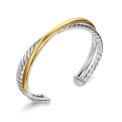 Crossover Two Row Cuff Bracelet in Sterling Silver with 14K Yellow Gold, 11mm, Size Small