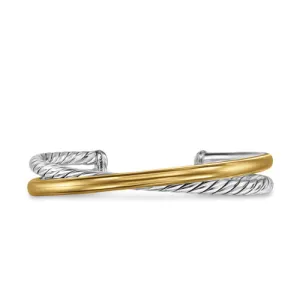 Crossover Two Row Cuff Bracelet in Sterling Silver with 14K Yellow Gold, 11mm, Size Small
