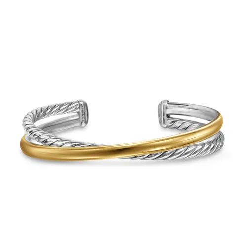 Crossover Two Row Cuff Bracelet in Sterling Silver with 14K Yellow Gold, 11mm, Size Small