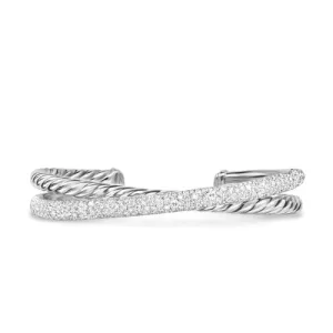 Crossover Two Row Cuff Bracelet in Sterling Silver with Diamonds, 11mm, Size Large