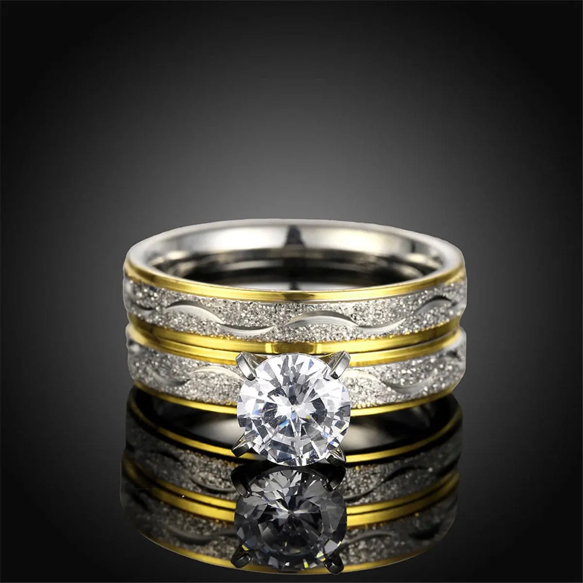 Cubic Zirconia & Two-Tone Waves Stackable Ring Set