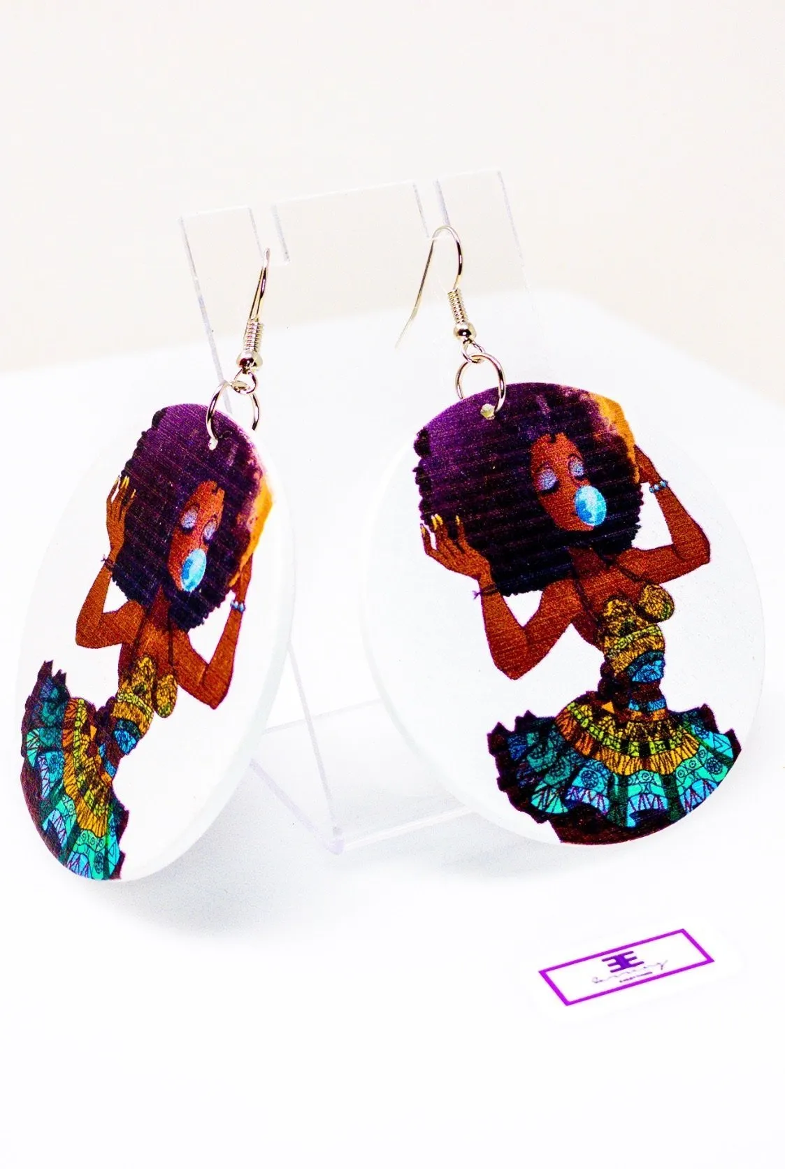 Cultural Wood Hoop Drop Earrings - Brown and Blue Circle Statement Jewelry