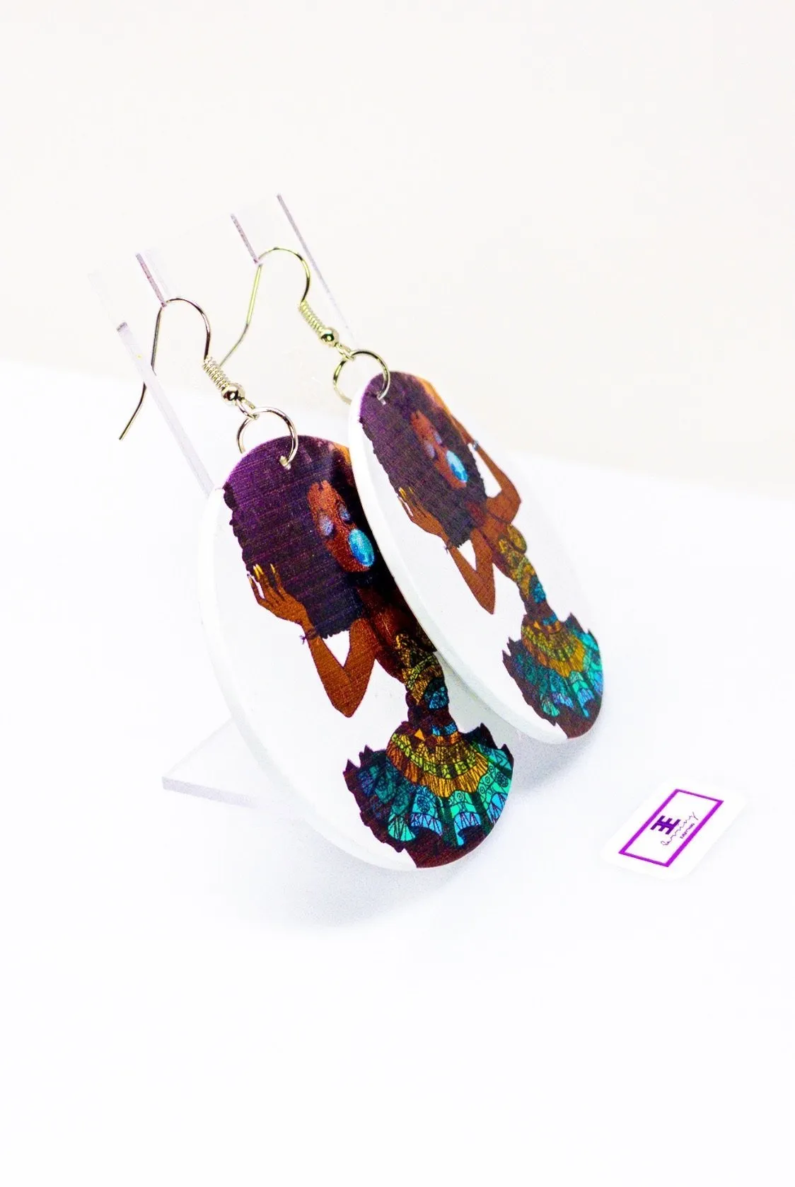 Cultural Wood Hoop Drop Earrings - Brown and Blue Circle Statement Jewelry