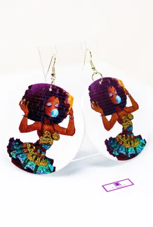 Cultural Wood Hoop Drop Earrings - Brown and Blue Circle Statement Jewelry
