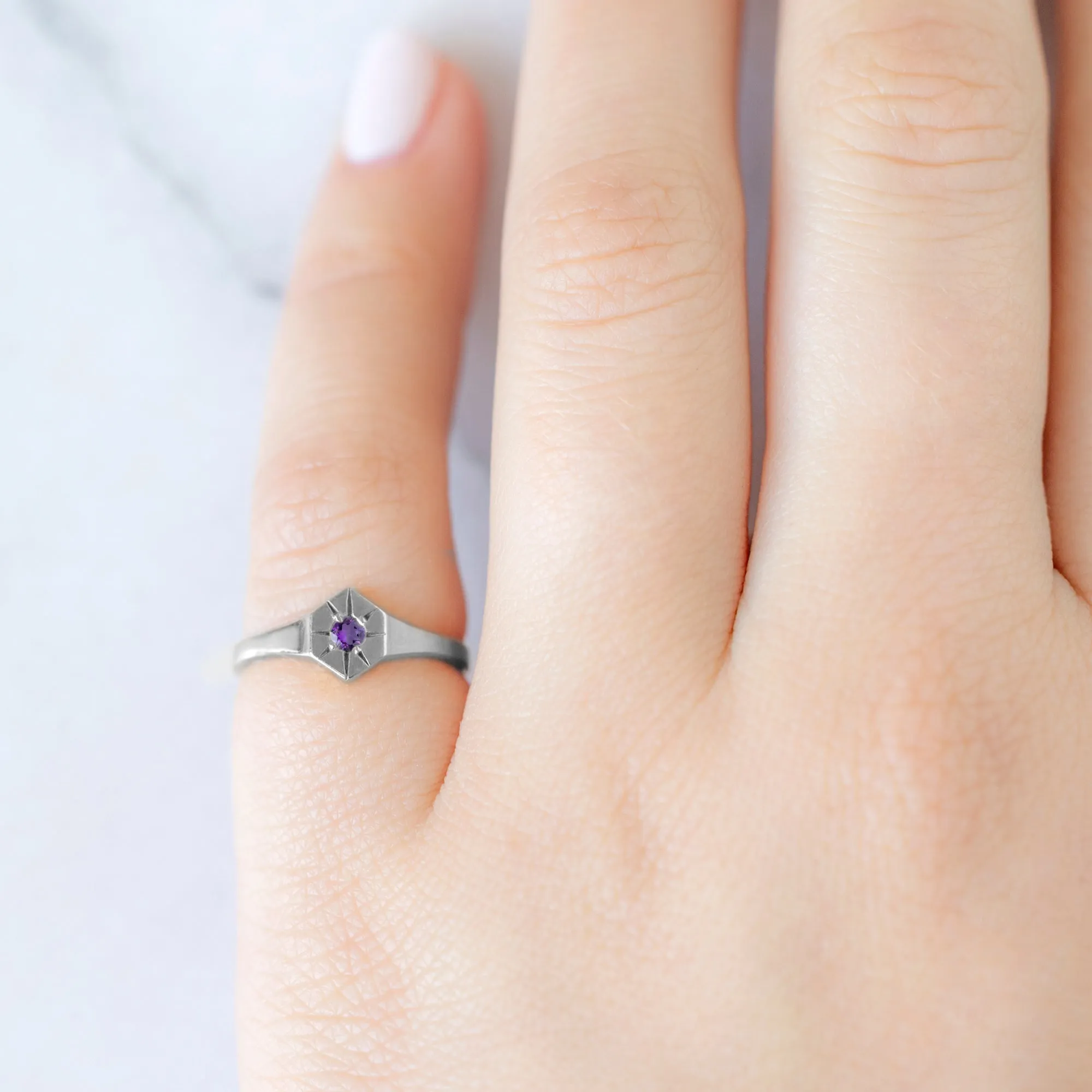 Custom Amethyst Birthstone Signet Ring | 10K White Gold