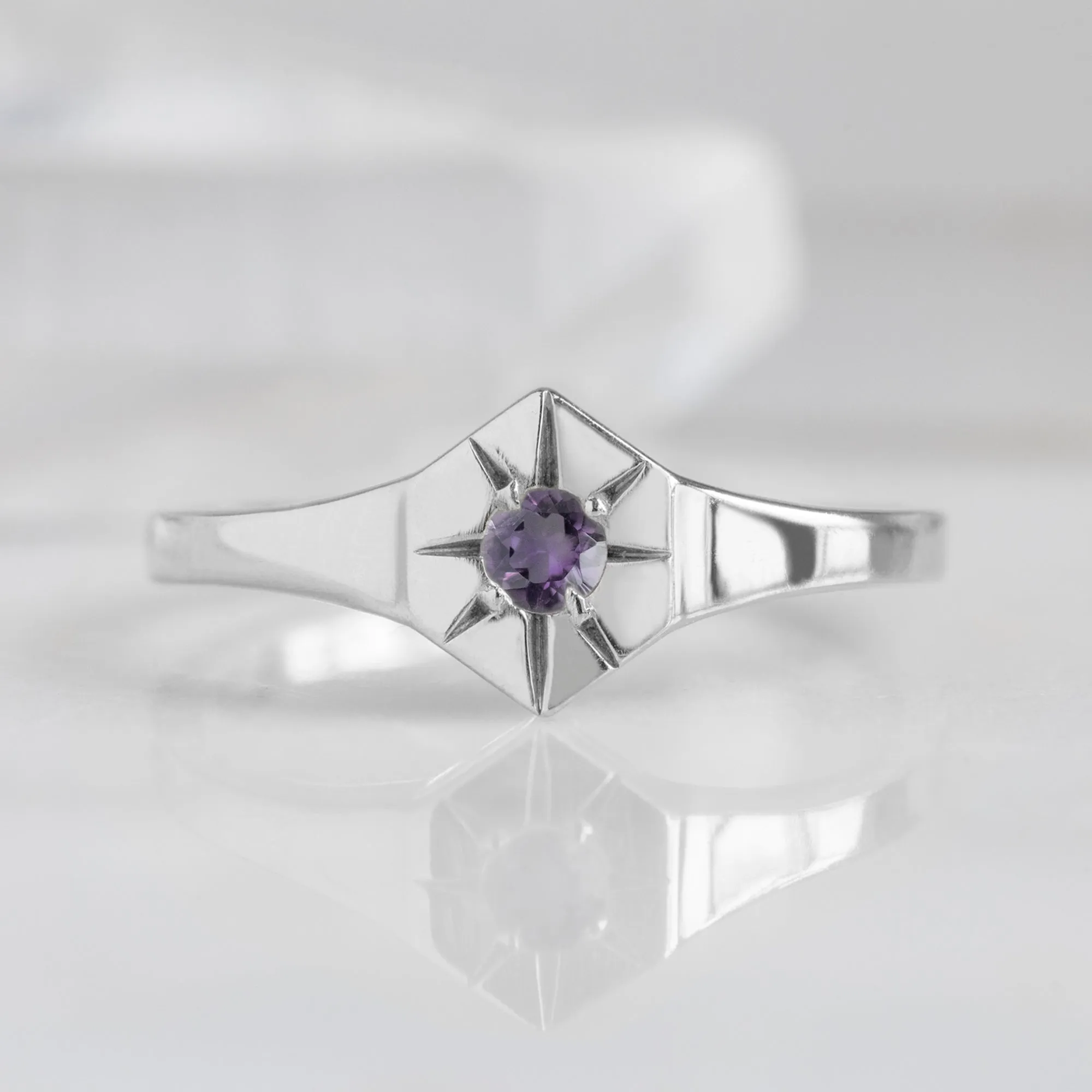 Custom Amethyst Birthstone Signet Ring | 10K White Gold