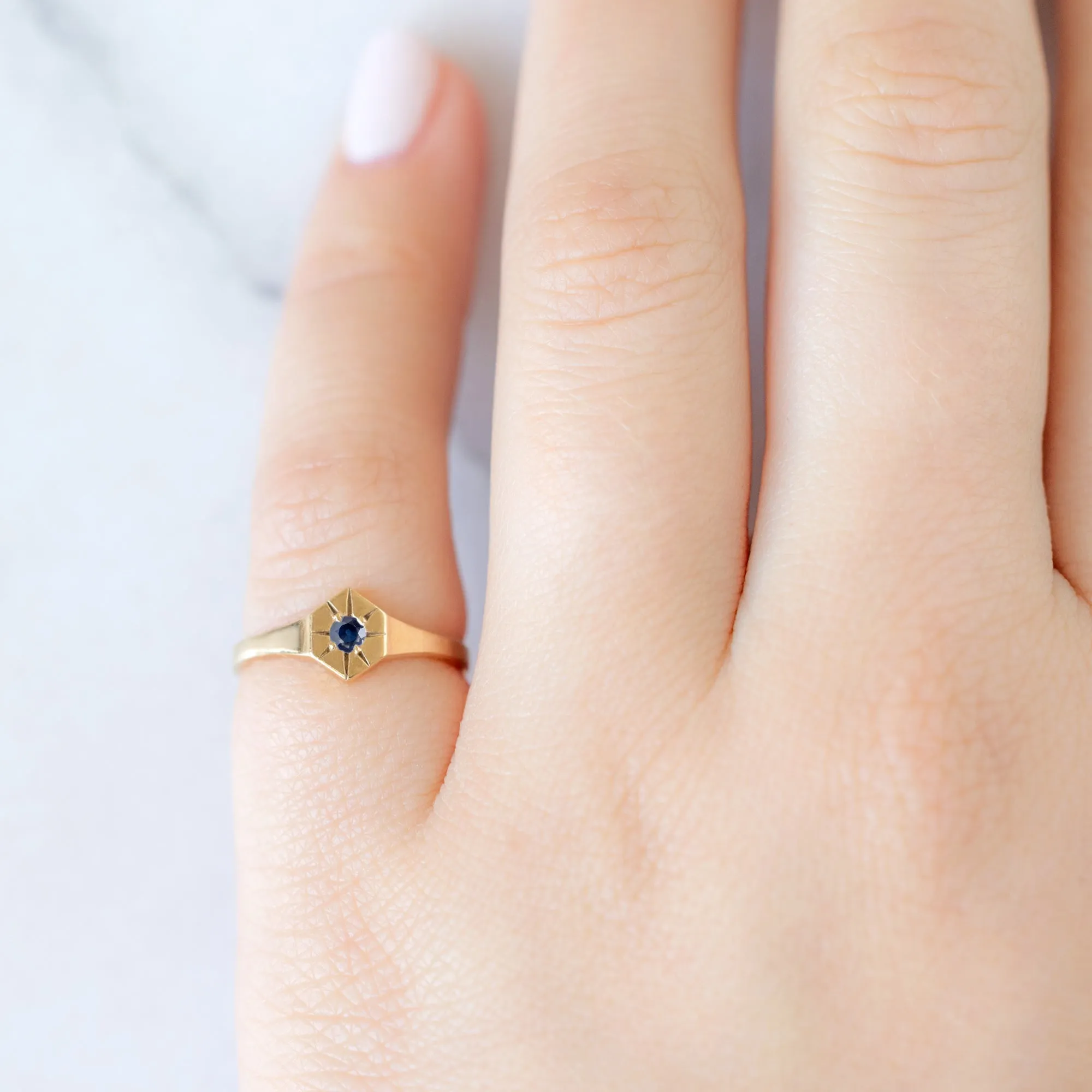 Custom Blue Sapphire Birthstone Signet Ring | 10K Yellow Gold