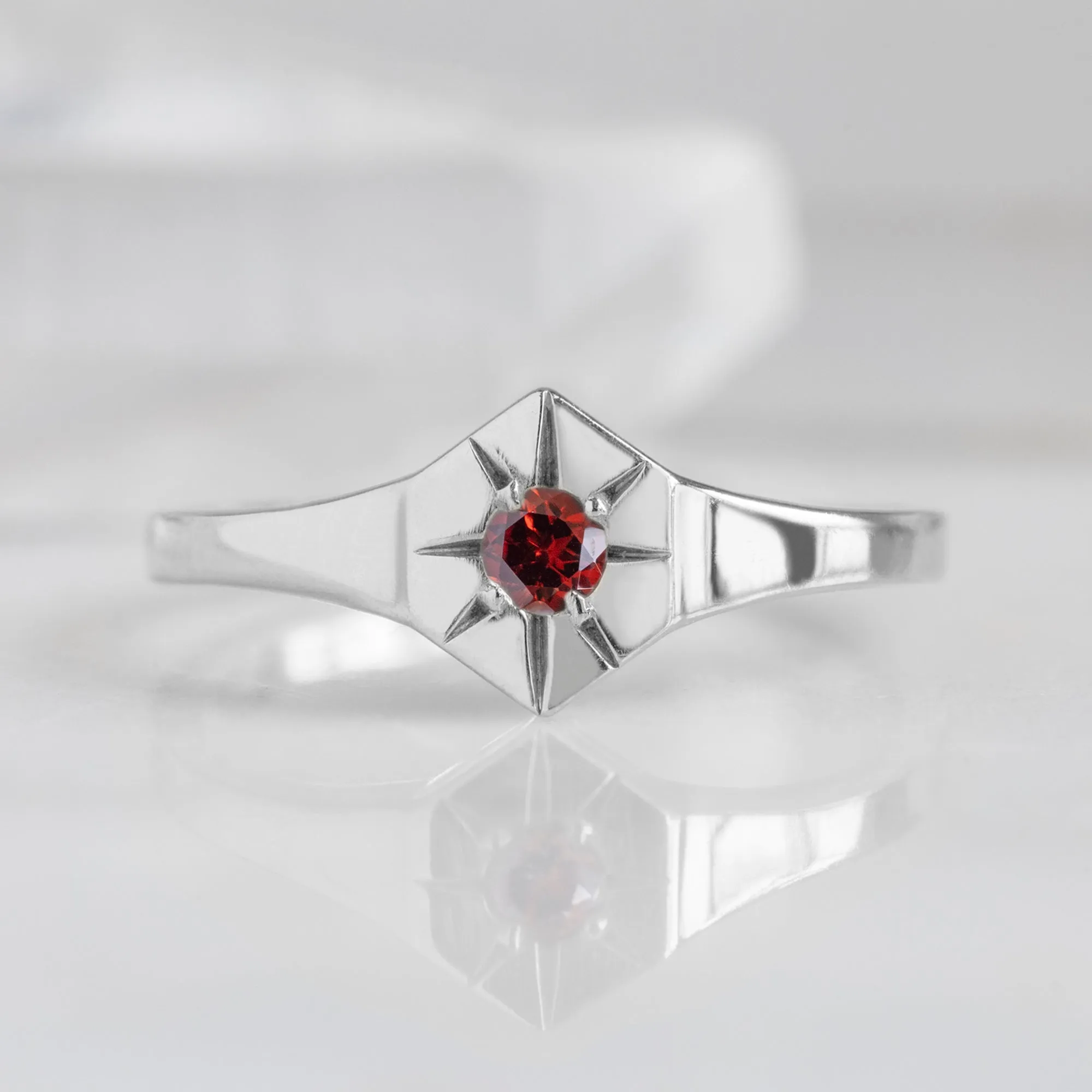 Custom Garnet Birthstone Signet Ring | 10K White Gold