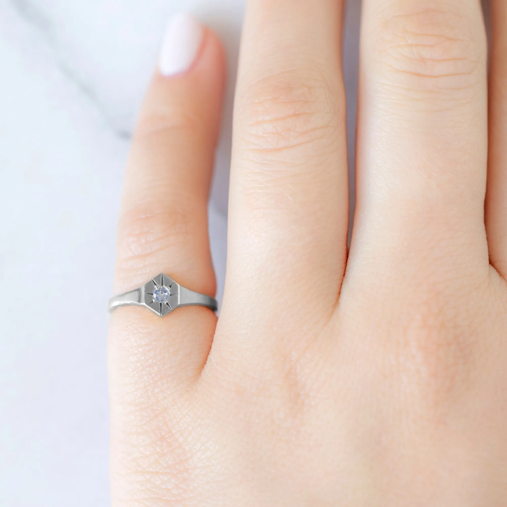 Custom Moonstone Birthstone Signet Ring | 10K White Gold