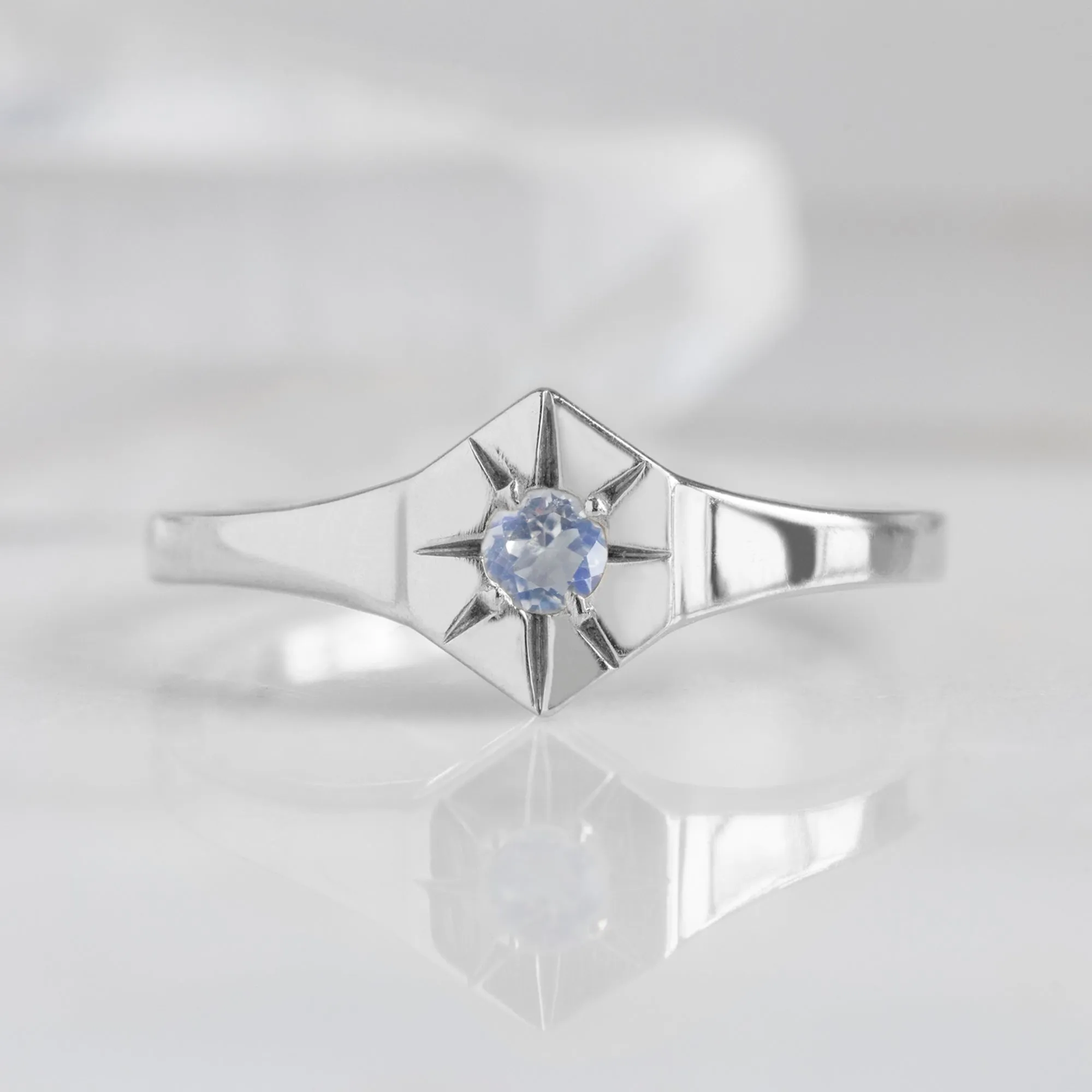 Custom Moonstone Birthstone Signet Ring | 10K White Gold