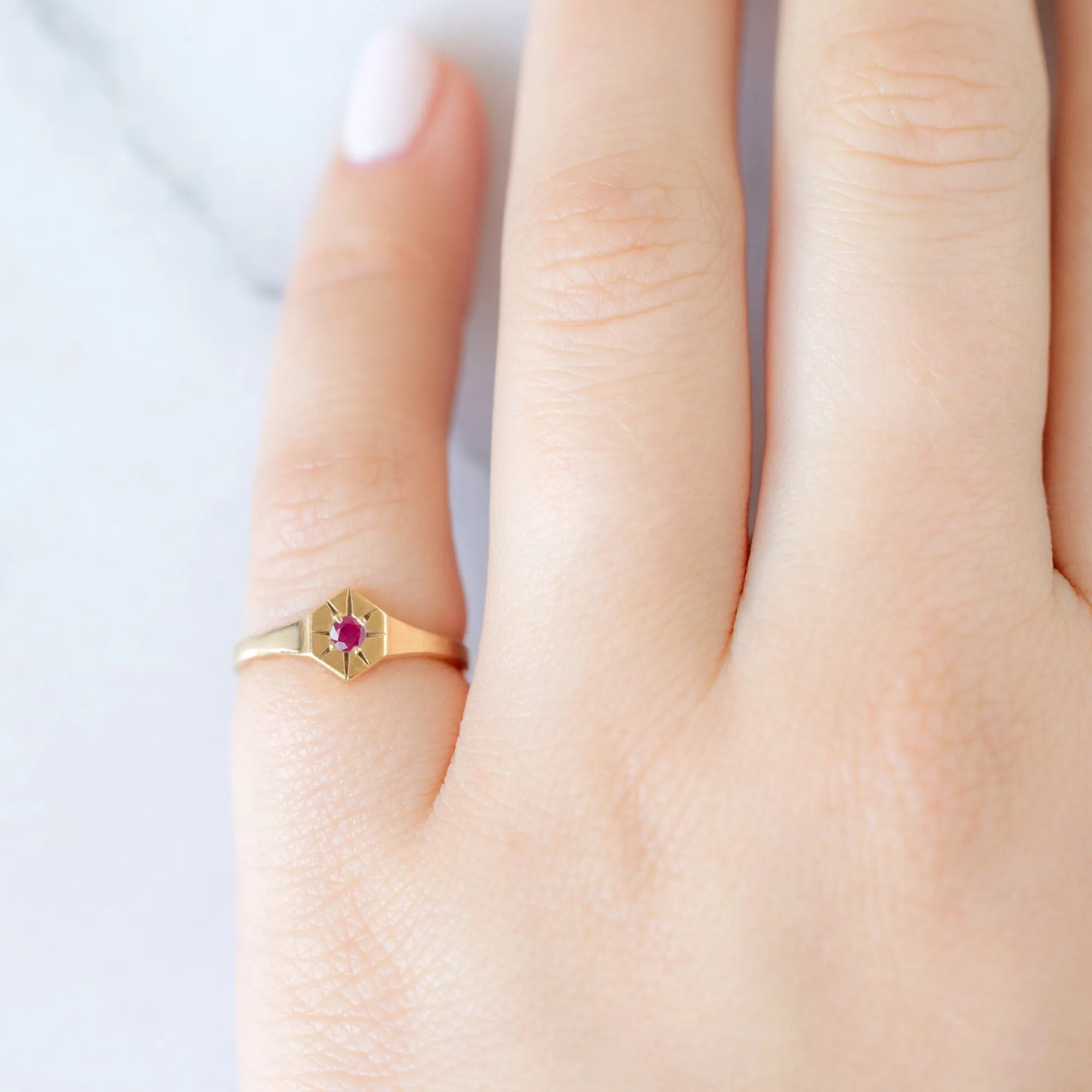 Custom Ruby Birthstone Signet Ring | 10K Yellow Gold