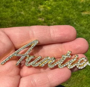 Custom script Auntie Aunt Mothers Day Birthday Gift New jewelry brooch rhinestone pin 3” GOLD