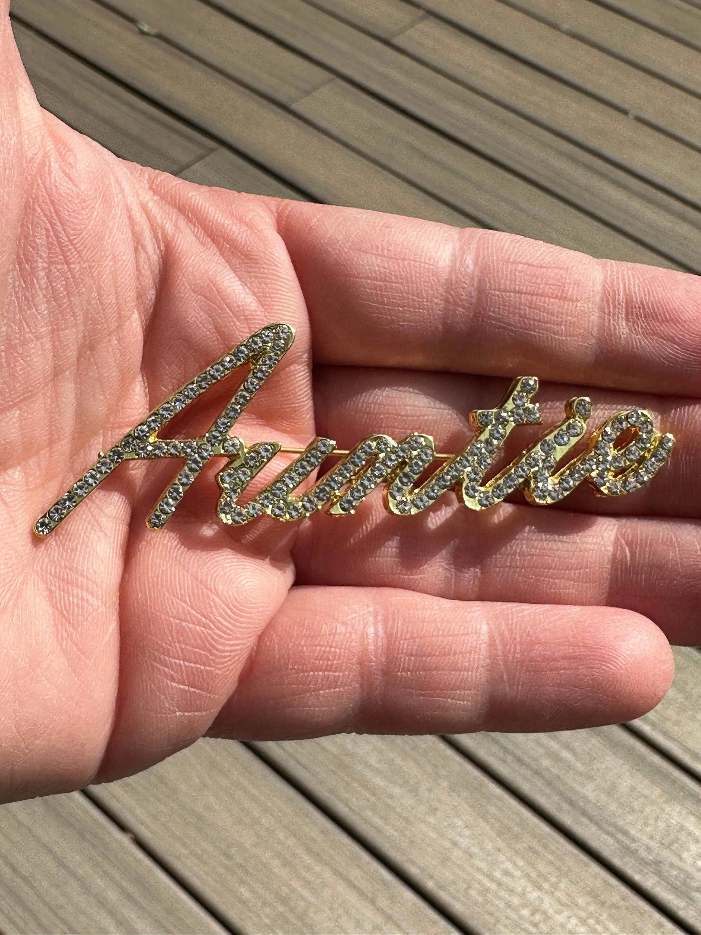Custom script Auntie Aunt Mothers Day Birthday Gift New jewelry brooch rhinestone pin 3” GOLD