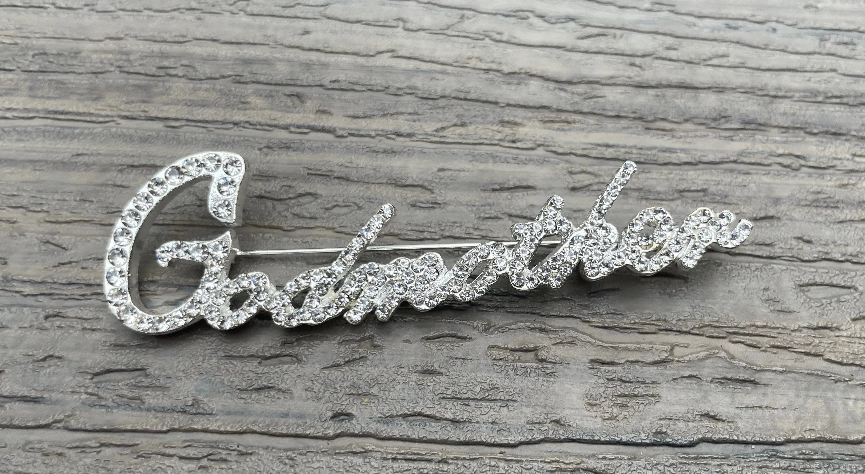Custom Script Rhinestone Brooch Pin Godmother New Jewelry With Velvet Pouch