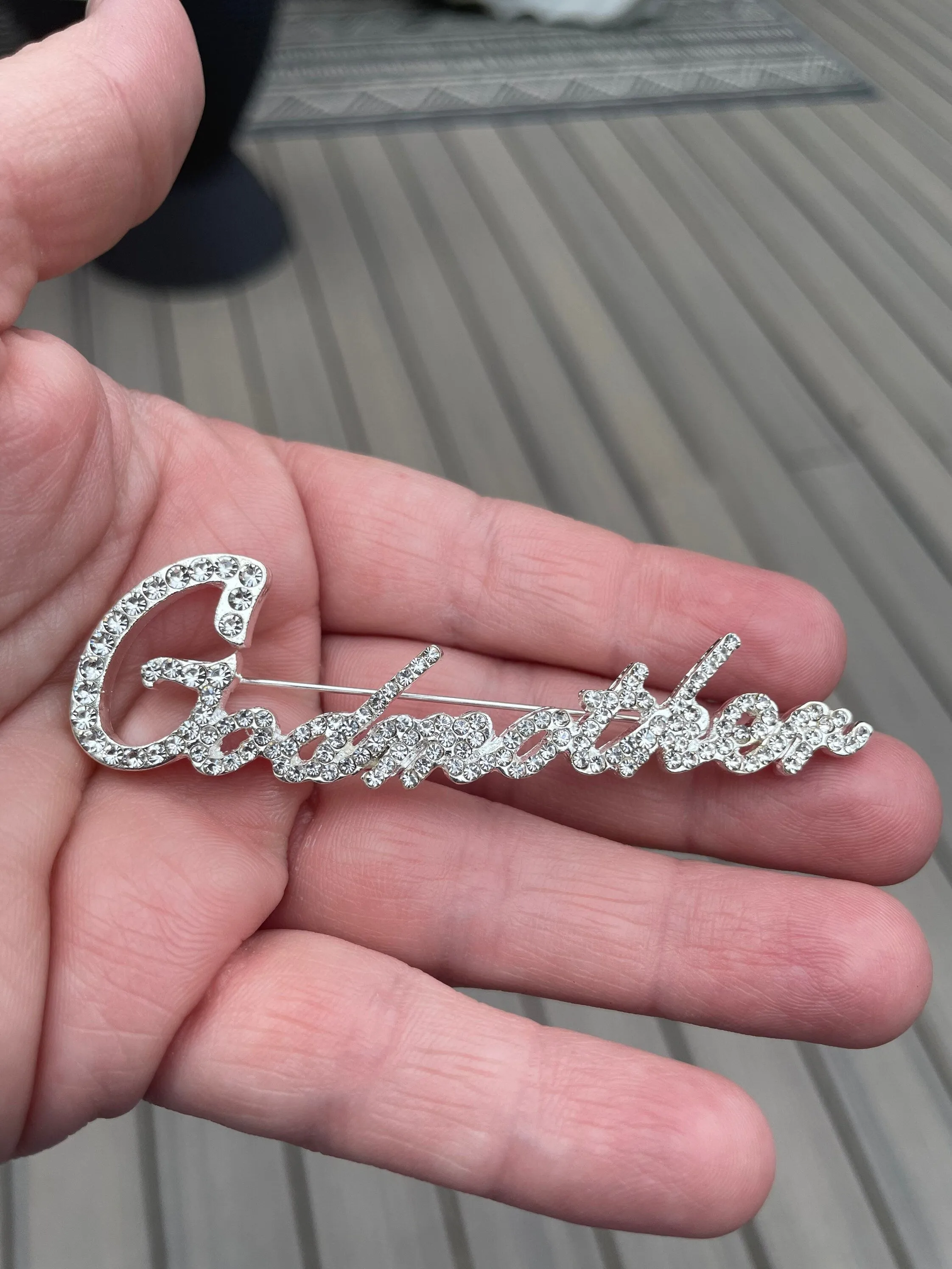 Custom Script Rhinestone Brooch Pin Godmother New Jewelry With Velvet Pouch