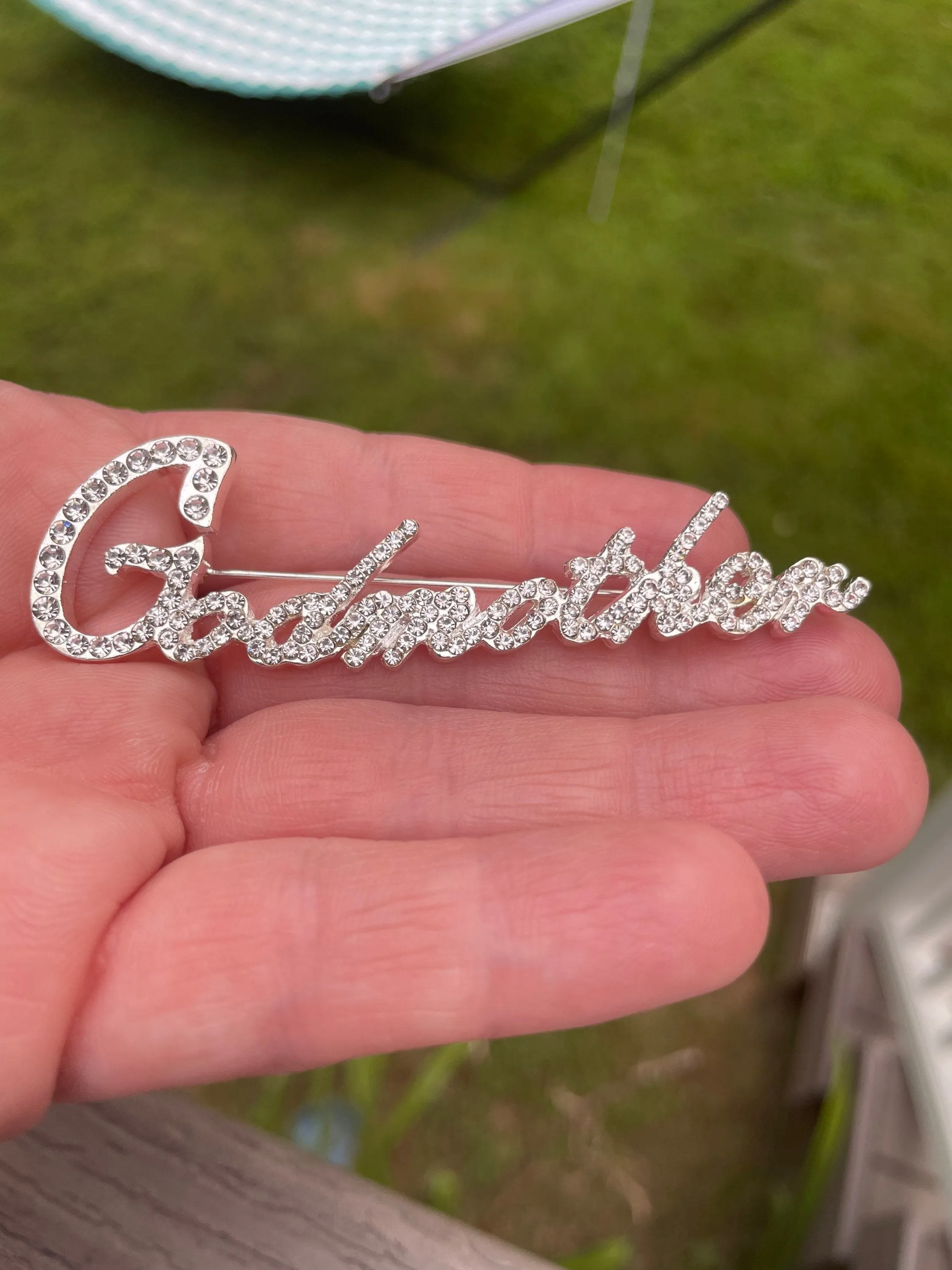 Custom Script Rhinestone Brooch Pin Godmother New Jewelry With Velvet Pouch