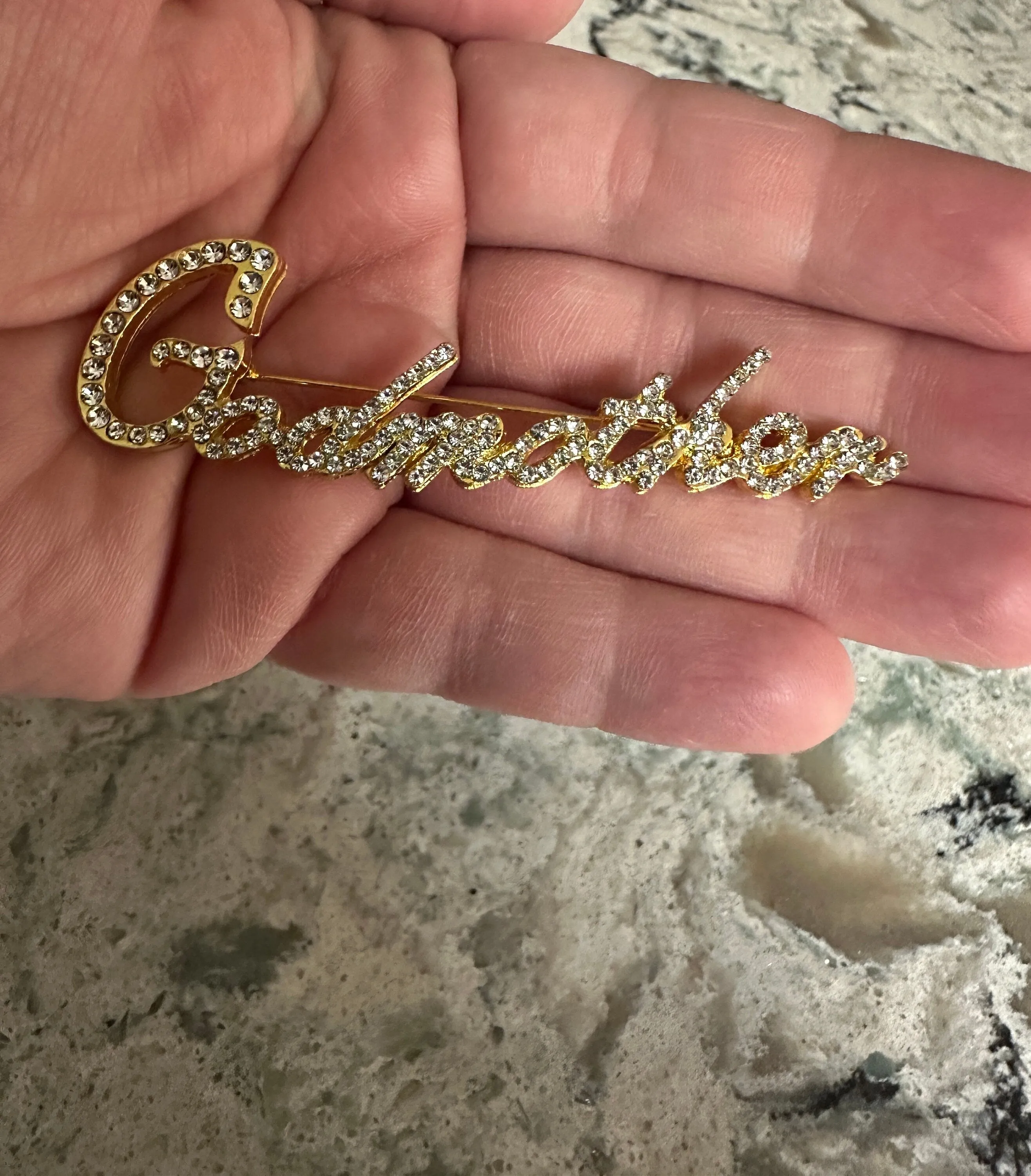 Custom Script Rhinestone Brooch Pin Godmother New Jewelry With Velvet Pouch