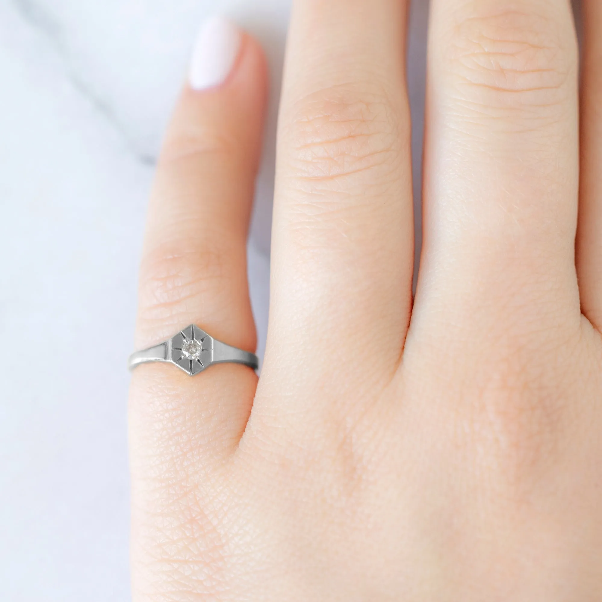 Custom White Diamond Birthstone Signet Ring | 10K White Gold