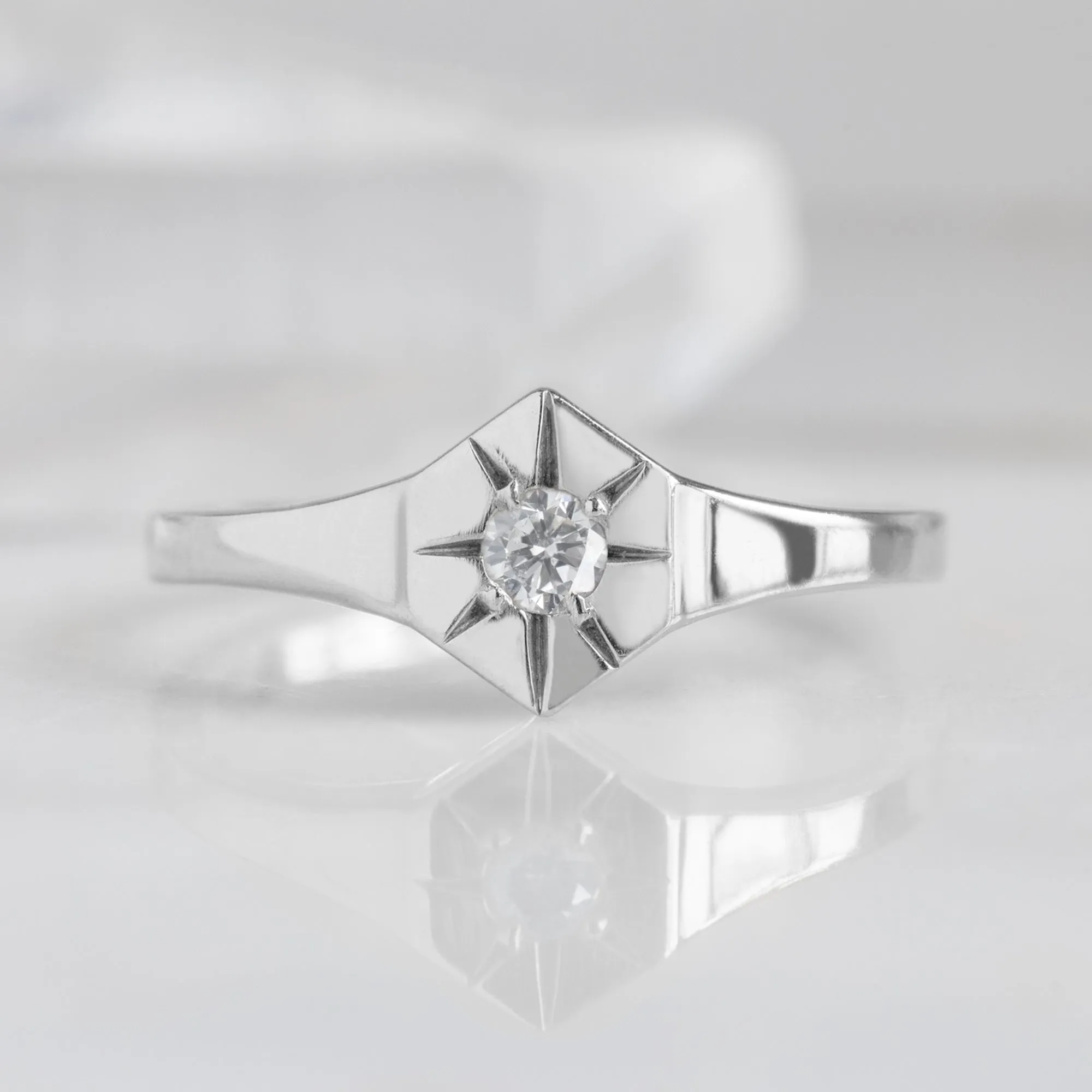 Custom White Diamond Birthstone Signet Ring | 10K White Gold