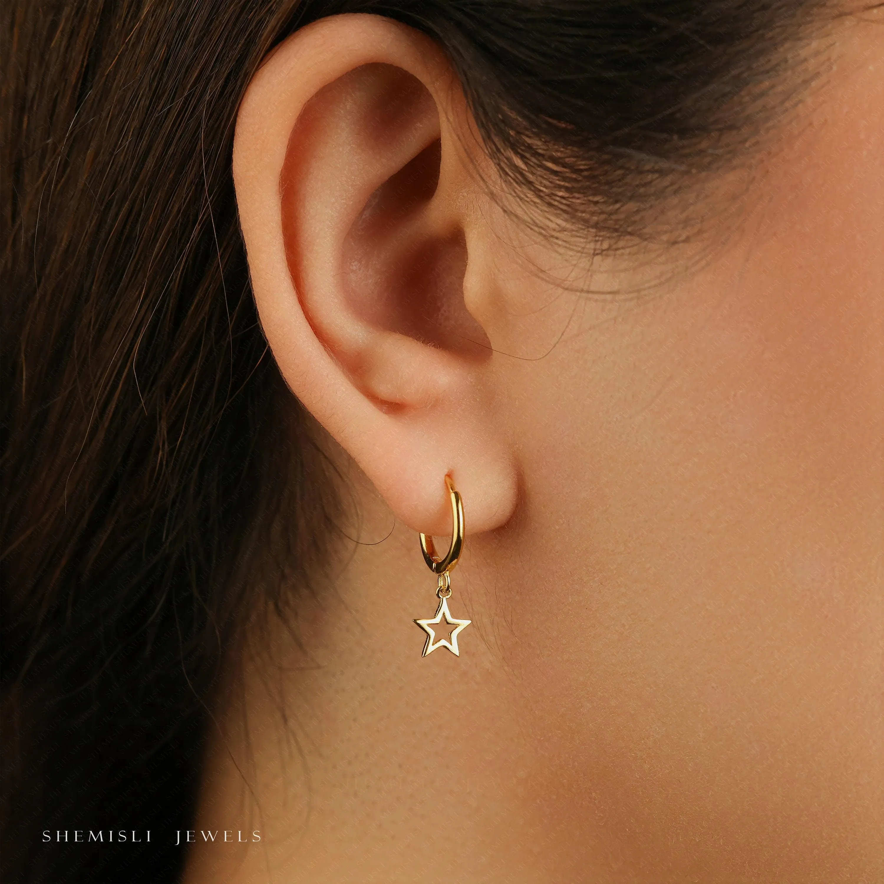 Dainty Open Star Dangle Hoop Earring, Unisex, Gold, Silver SHEMISLI SH674