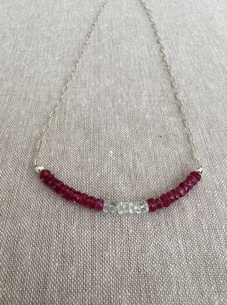 Dainty Silver Necklace with Ruby and Aquamarine Focal Bar
