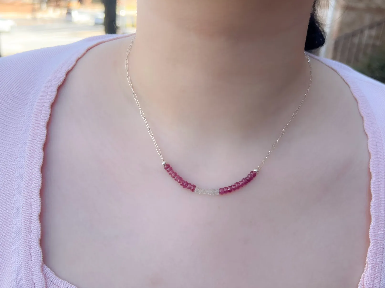 Dainty Silver Necklace with Ruby and Aquamarine Focal Bar