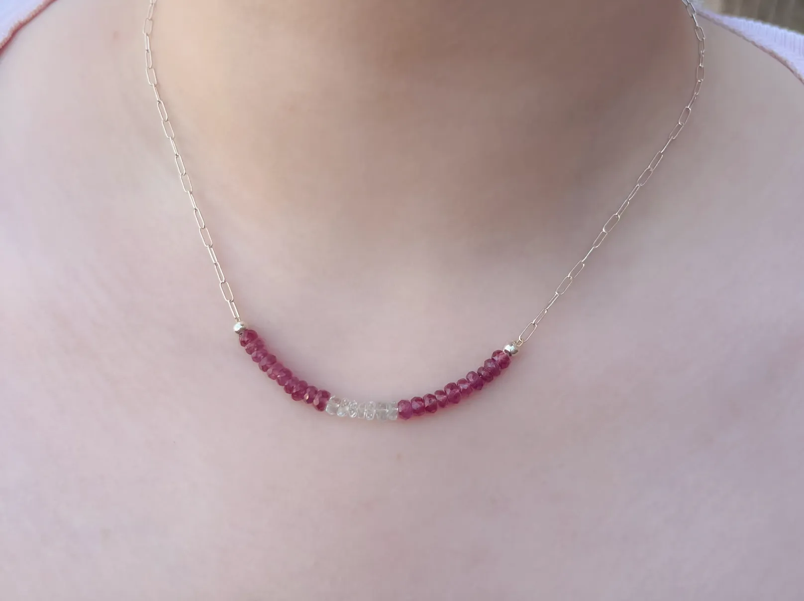 Dainty Silver Necklace with Ruby and Aquamarine Focal Bar