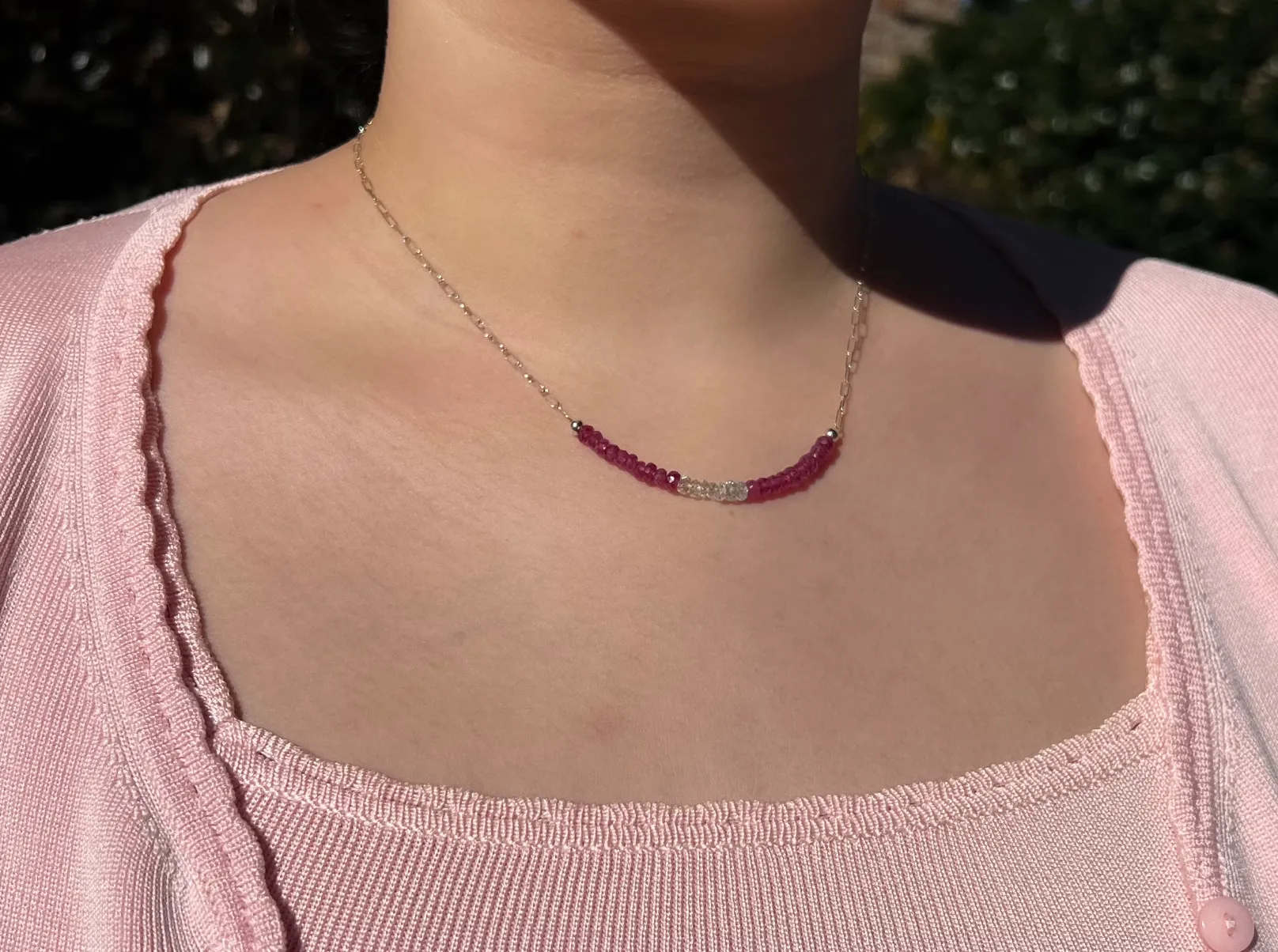 Dainty Silver Necklace with Ruby and Aquamarine Focal Bar
