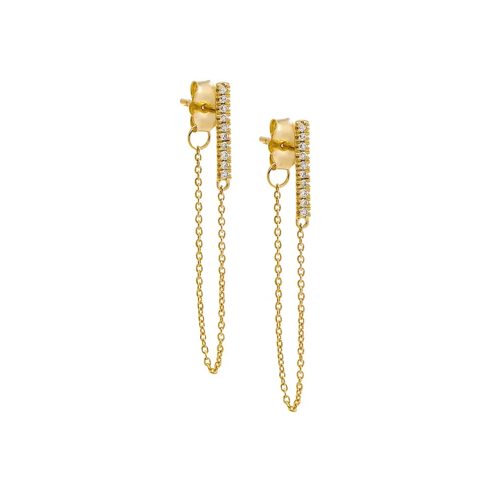 Diamond Pave Bar Front Back Chain Stud Earring 14K