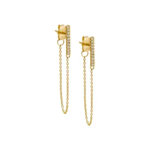 Diamond Pave Bar Front Back Chain Stud Earring 14K