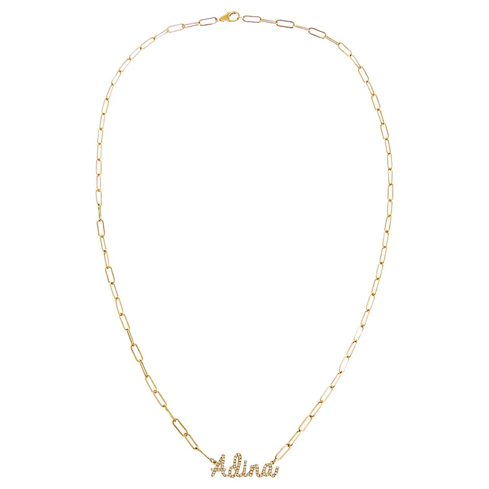 Diamond Pave Script Name Paperclip Link Necklace 14K