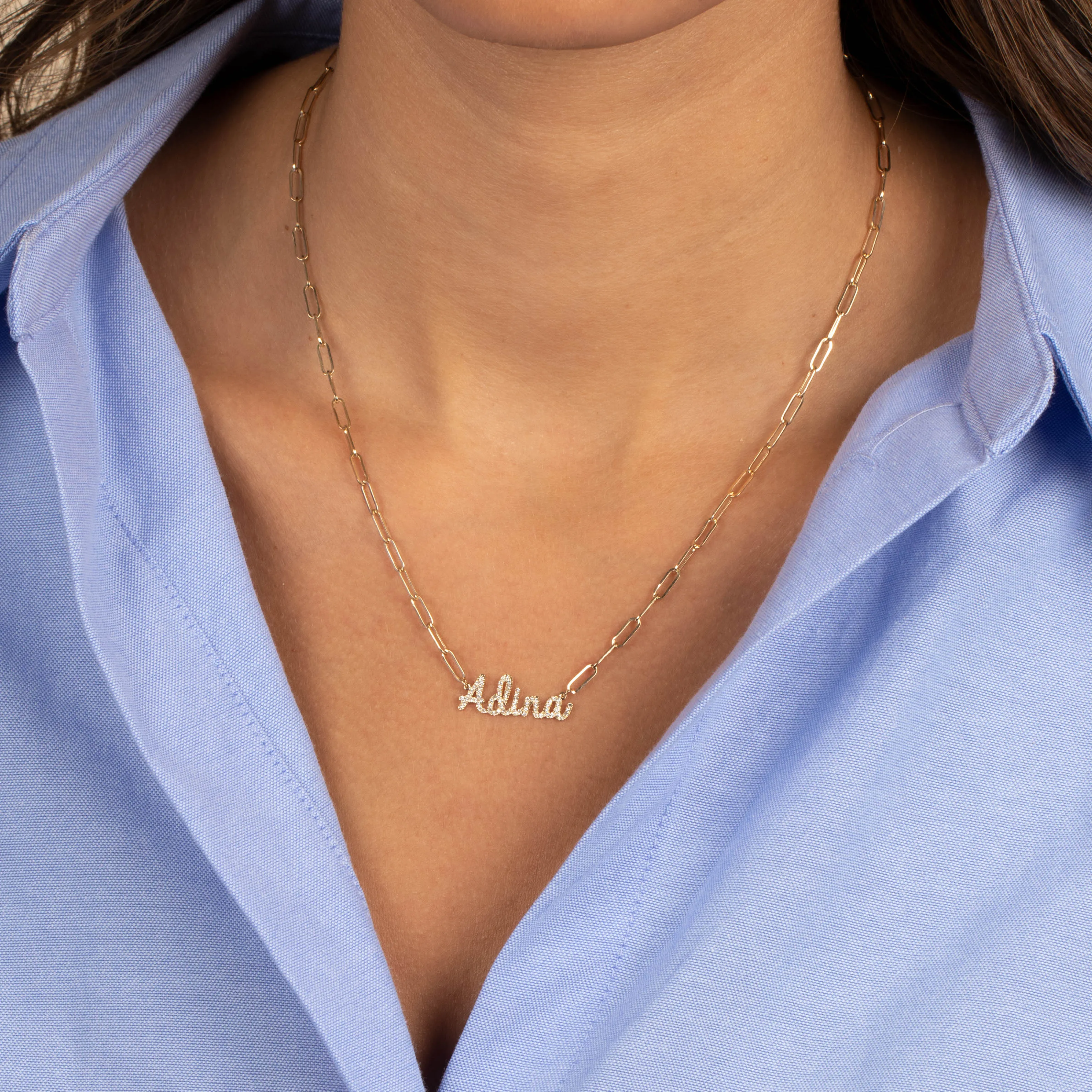 Diamond Pave Script Name Paperclip Link Necklace 14K