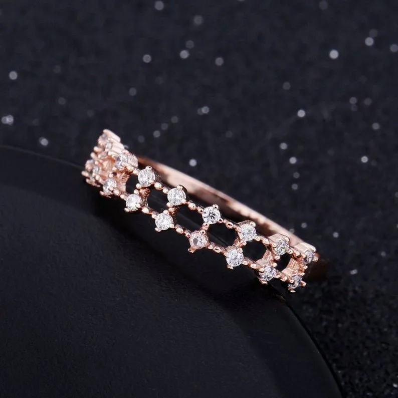 Diamond ring, Moissanite engagement ring, solid gold art deco unique ring, simple thin half eternity wedding band for women anniversary gift