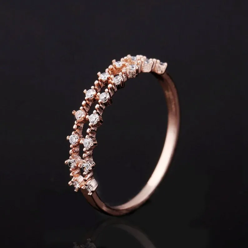Diamond ring, Moissanite engagement ring, solid gold art deco unique ring, simple thin half eternity wedding band for women anniversary gift