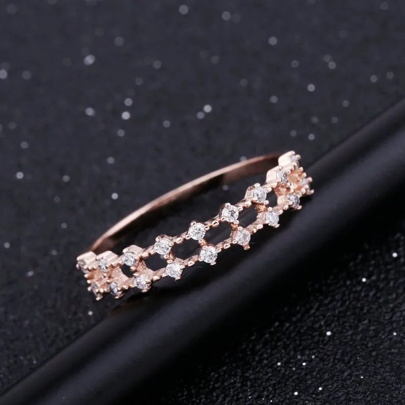 Diamond ring, Moissanite engagement ring, solid gold art deco unique ring, simple thin half eternity wedding band for women anniversary gift