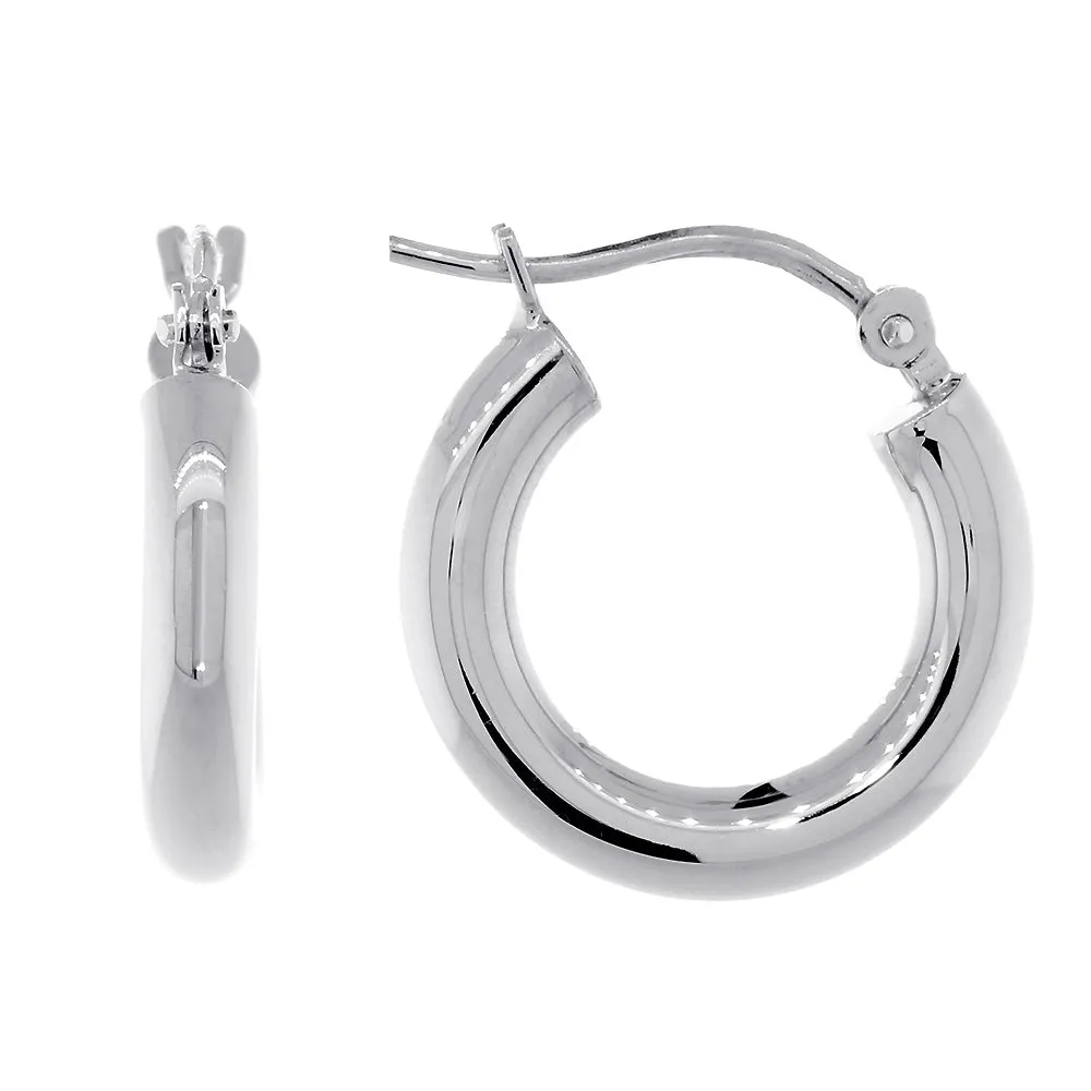 Domed Circle Hoop Earrings, Plain 15mm x  3mm in 14k White Gold