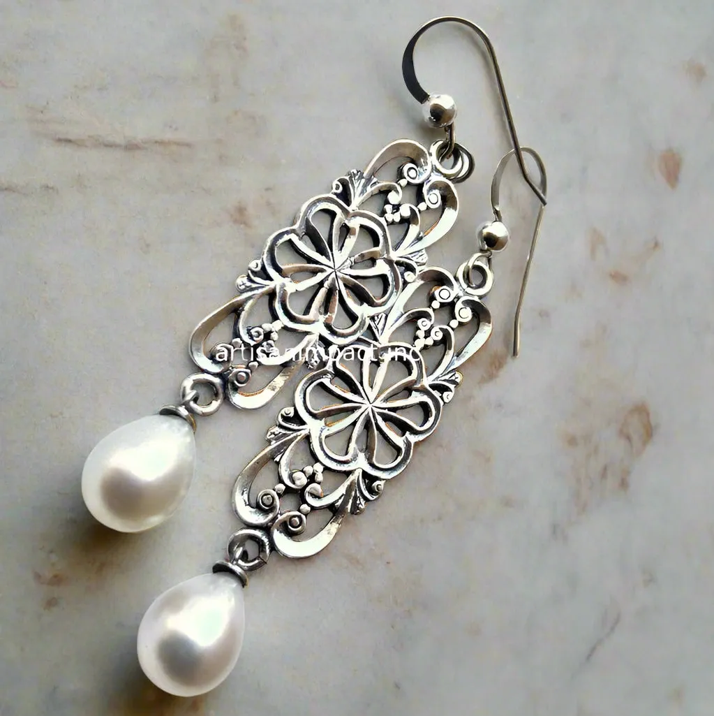 Drop Pearl Silver Boho Filigree Earrings - Between The Lines.