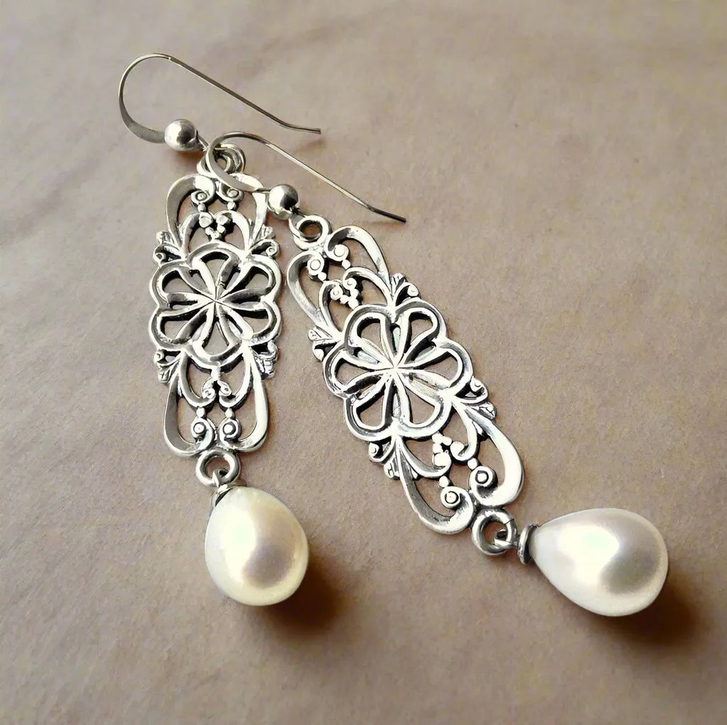Drop Pearl Silver Boho Filigree Earrings - Between The Lines.