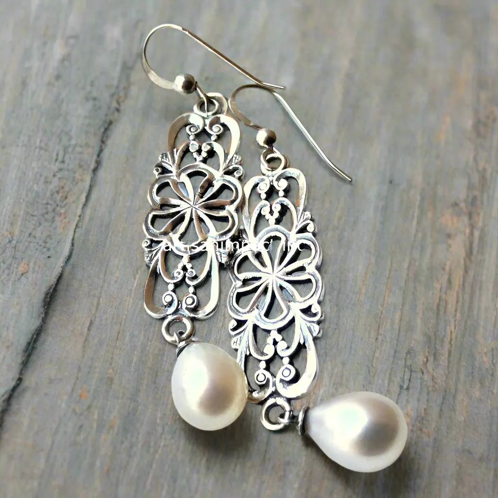 Drop Pearl Silver Boho Filigree Earrings - Between The Lines.