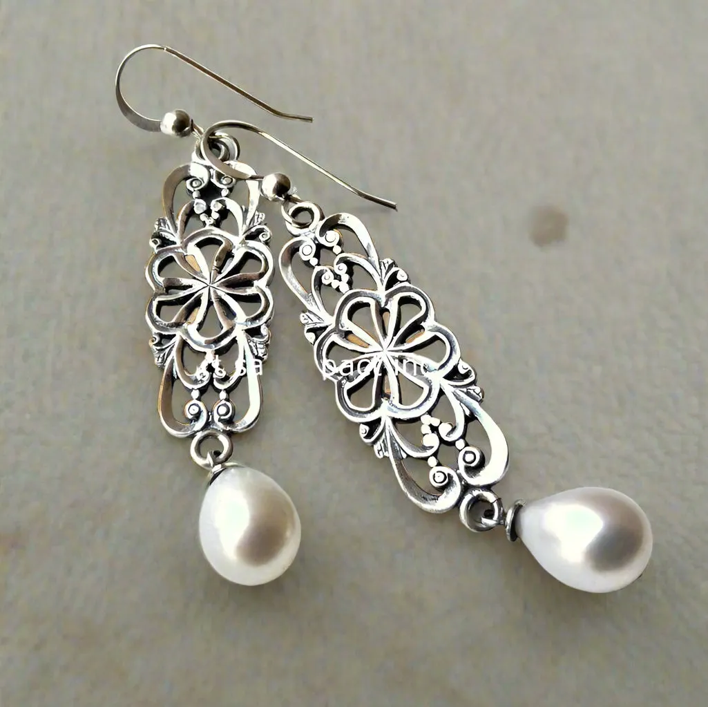 Drop Pearl Silver Boho Filigree Earrings - Between The Lines.