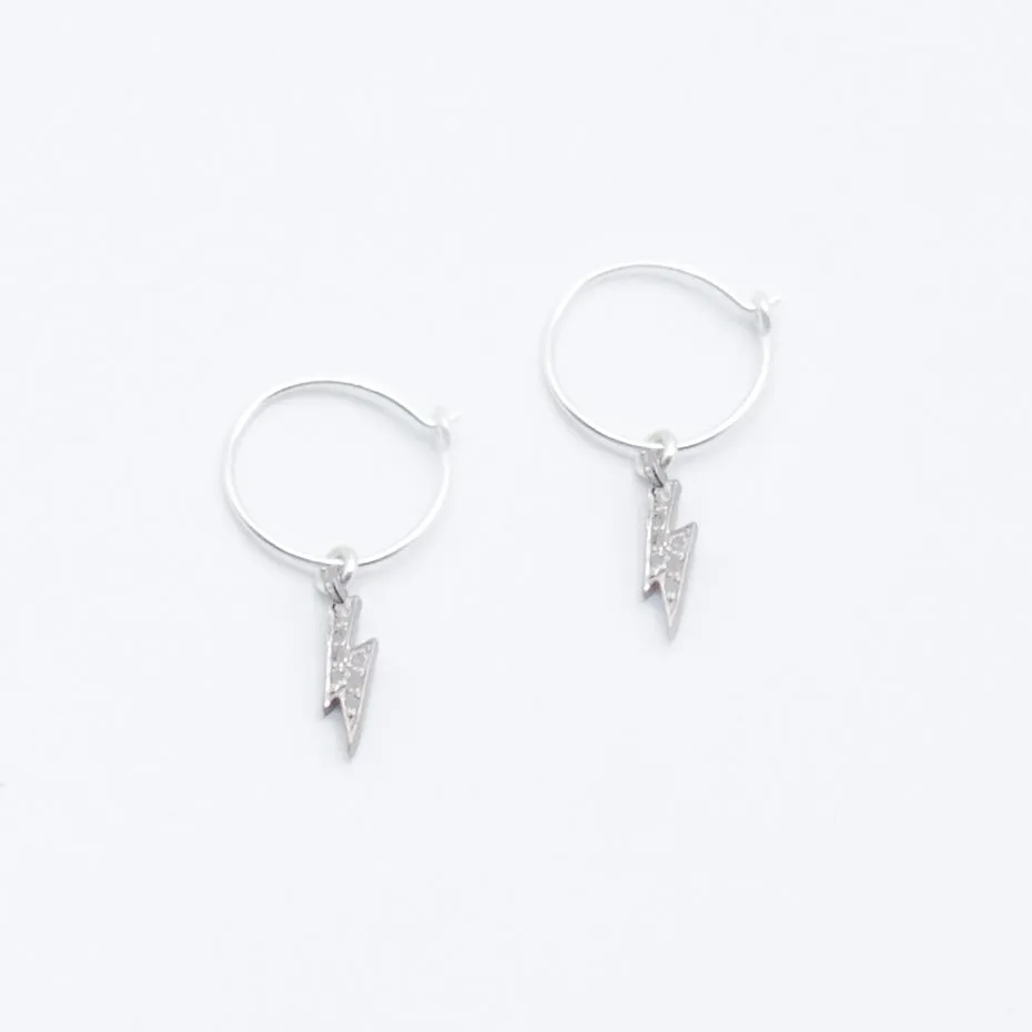 Earring Hoop Diamond Lighting Bolt Pave Setting in Sterling Silver