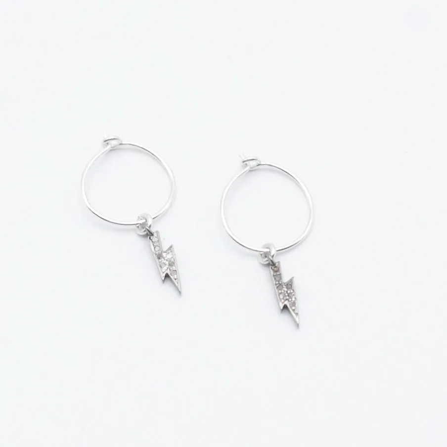 Earring Hoop Diamond Lighting Bolt Pave Setting in Sterling Silver
