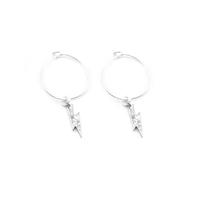 Earring Hoop Diamond Lighting Bolt Pave Setting in Sterling Silver