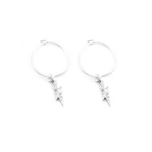 Earring Hoop Diamond Lighting Bolt Pave Setting in Sterling Silver