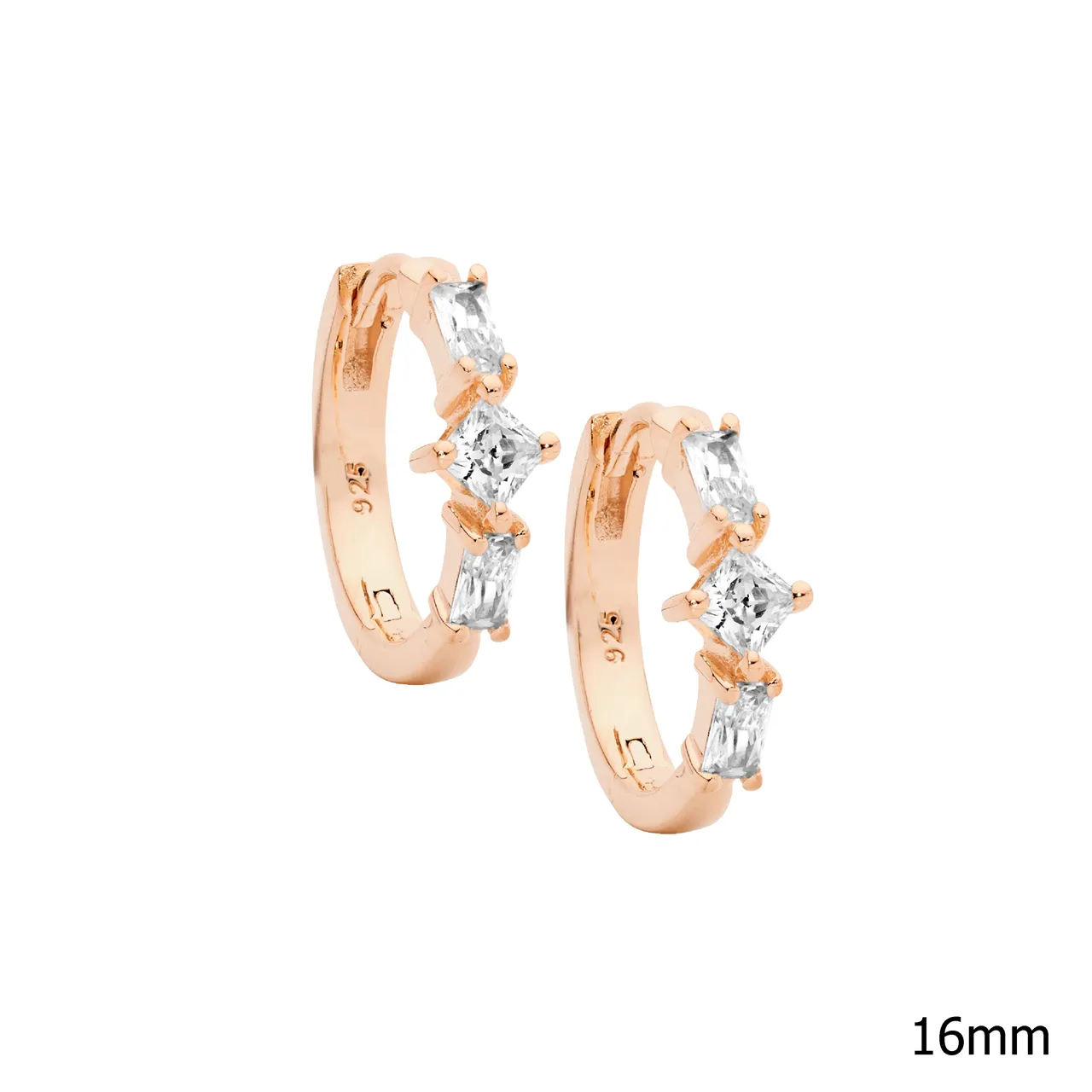 Ellani SS Baguette & Princess WH CZ 16mm Hoop Earrings