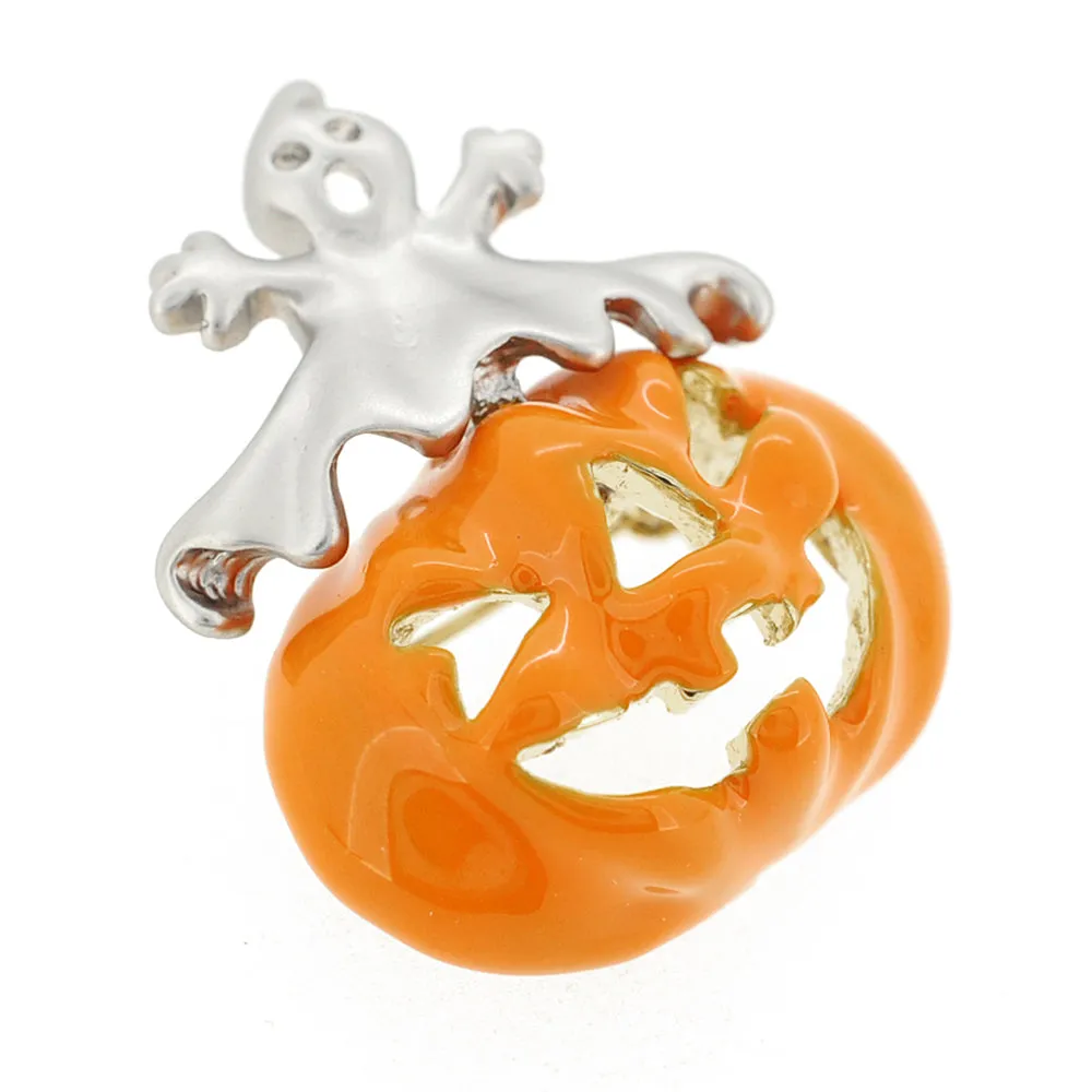 Enamel Pumpkin And Gray Ghost Halloween Pin Brooch And Pendant