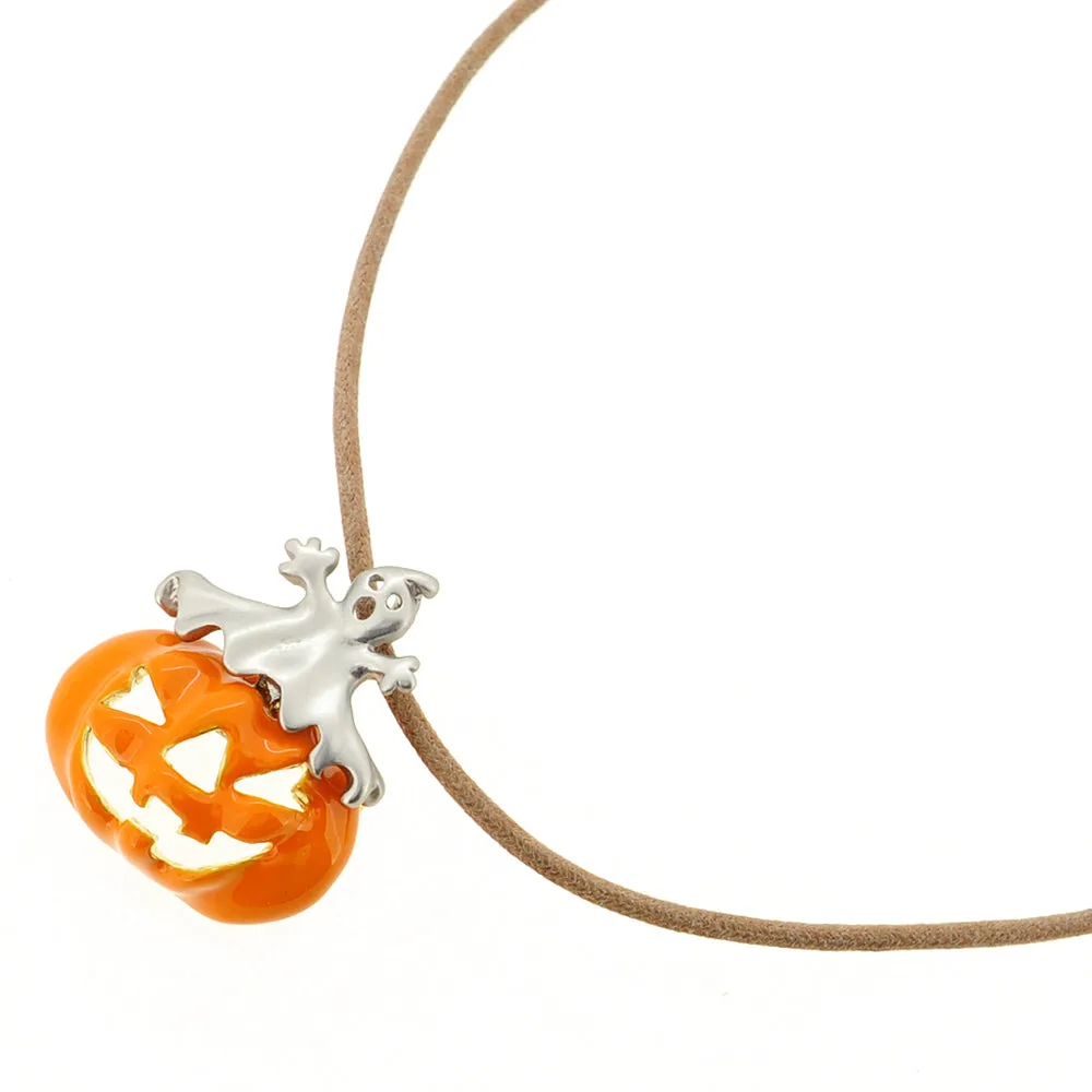 Enamel Pumpkin And Gray Ghost Halloween Pin Brooch And Pendant