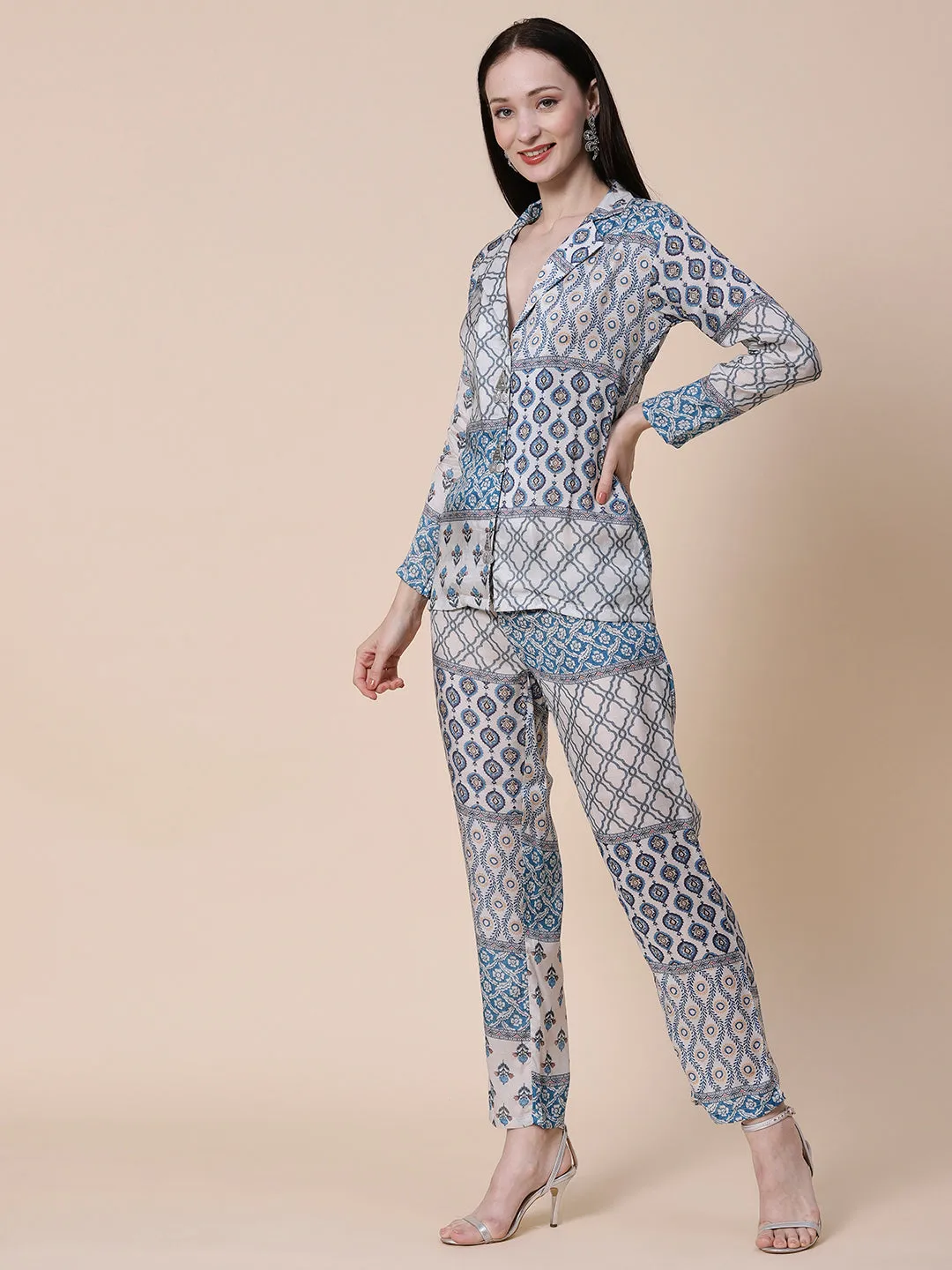 Ethnic, Floral & Abstract Printed Metal Brooches Embellished Shirt With Pants Co-ord Set - White & Blue
