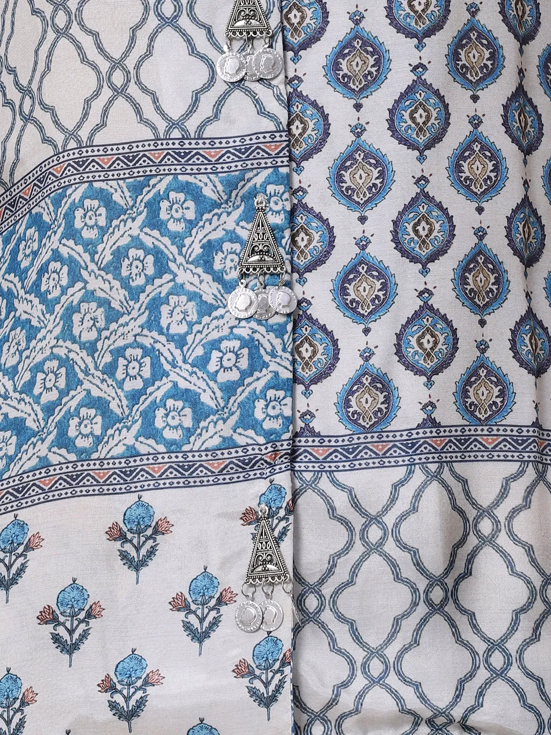 Ethnic, Floral & Abstract Printed Metal Brooches Embellished Shirt With Pants Co-ord Set - White & Blue